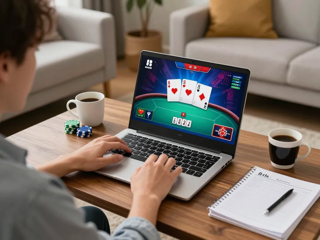 Player engaged in online poker gaming on ee88go with strategy notes and coffee nearby.