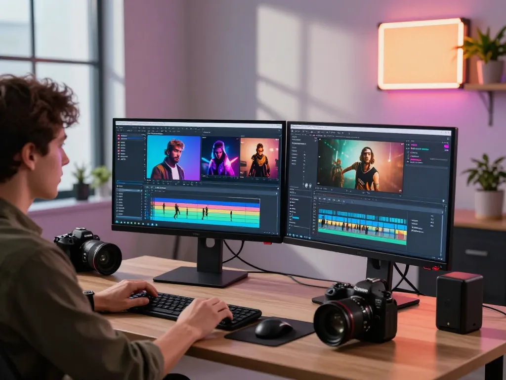 Dynamic workspace showcasing Kling motion ai video editing process with animated screens and creative setup.