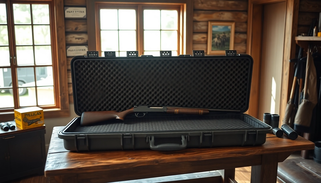 Showcasing a Pelican gun case for sale with rifles and accessories indoors.
