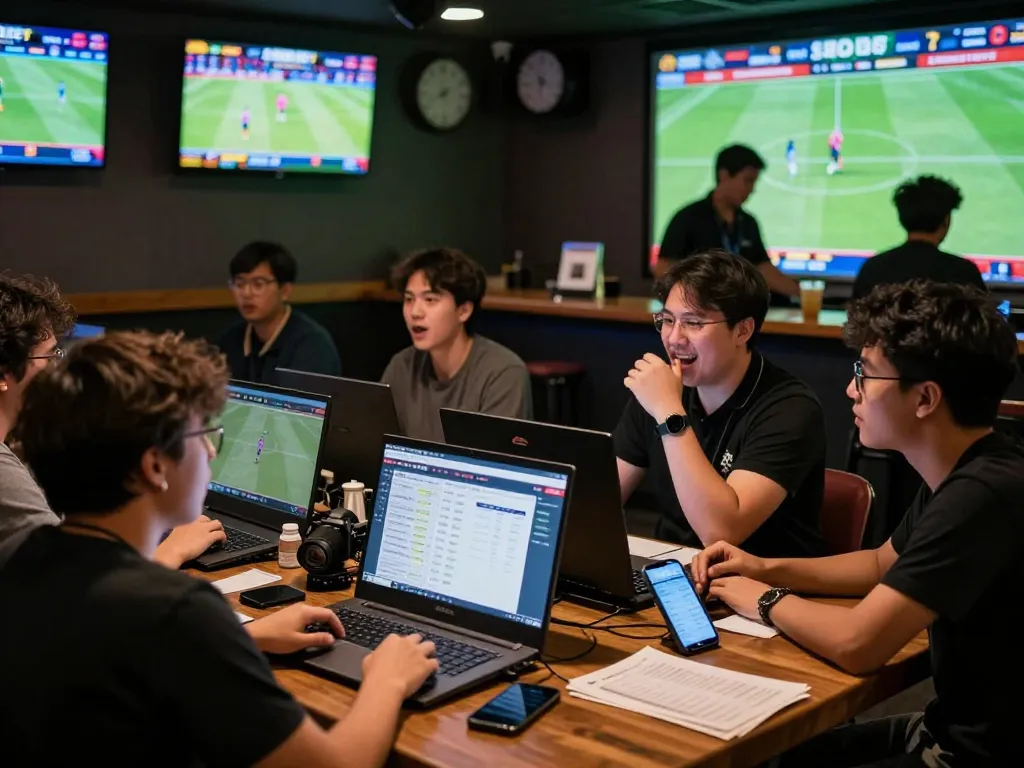 Exciting SBOBET sports betting scene with diverse bettors cheering and using devices in a lively bar atmosphere.