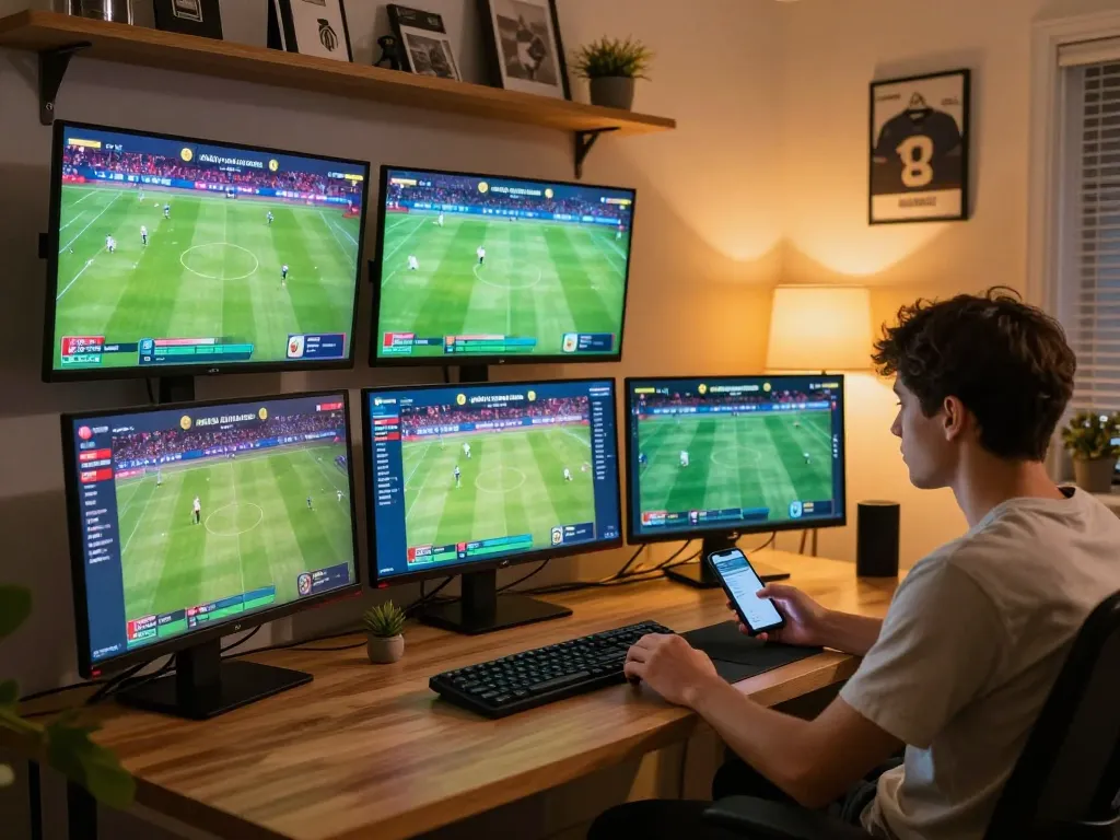 SOCOLIVE user actively placing sports bets in a modern home setup with vibrant screens.