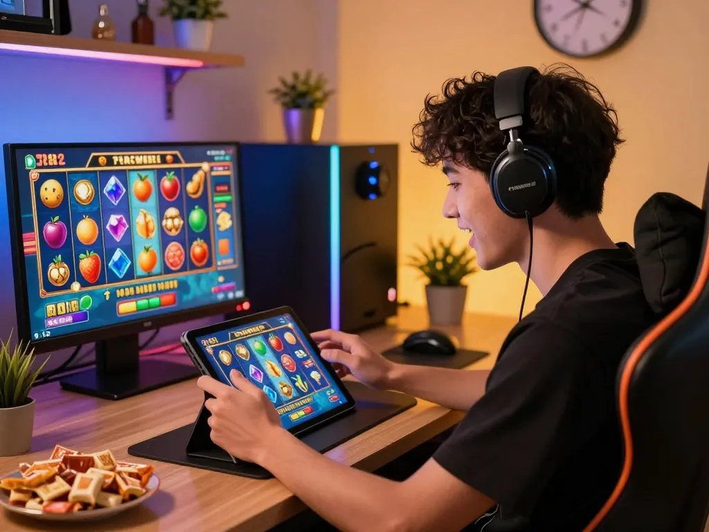 Exciting player engaging with เบทฟลิค slot games on a tablet, colorful icons around, modern gaming setup.
