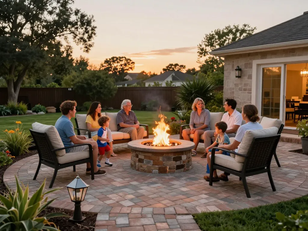 Backyard family gathering with stylish brick pavers near me, showcasing a cozy fire pit and lush greenery.