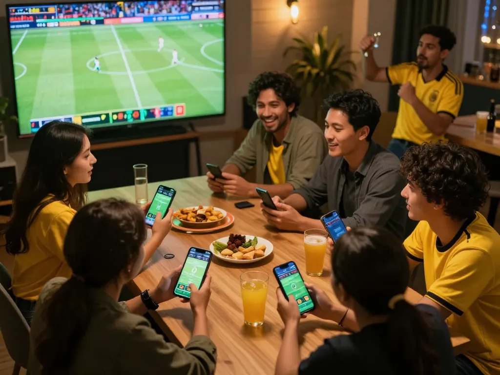 Xoilac users actively engaging in sports betting during a live soccer match with friends, capturing the excitement and social aspect of gambling.