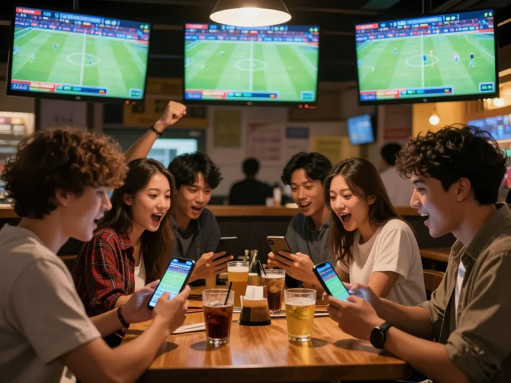 People engaging in keo nha cai 5 betting while watching live soccer matches in a lively sports bar atmosphere.