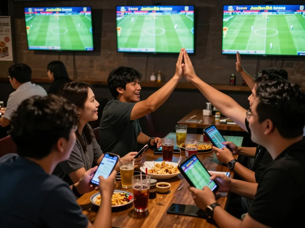Pembuat taruhan olahraga yang terlibat memasang taruhan pada Judi Bola sambil menonton pertandingan langsung di bar olahraga yang ramai.