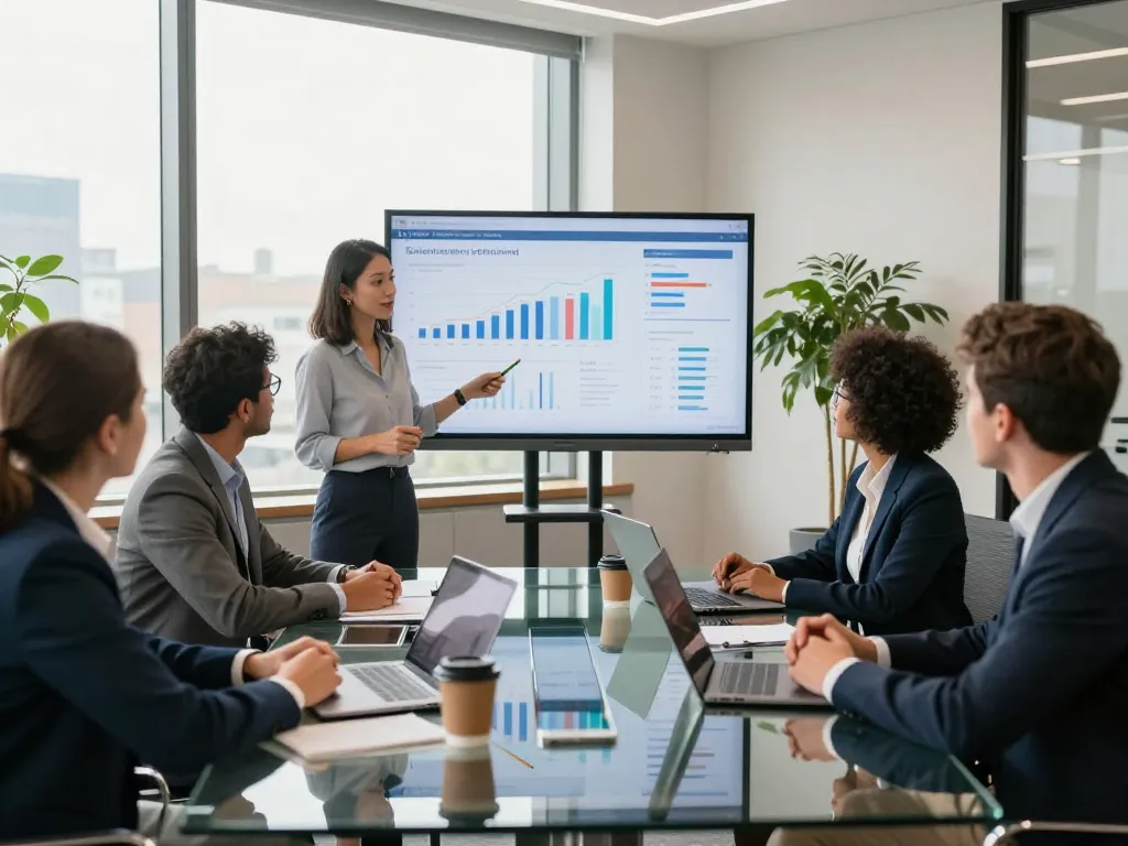 Dynamic meeting showcasing professionals discussing strategies for search firms.