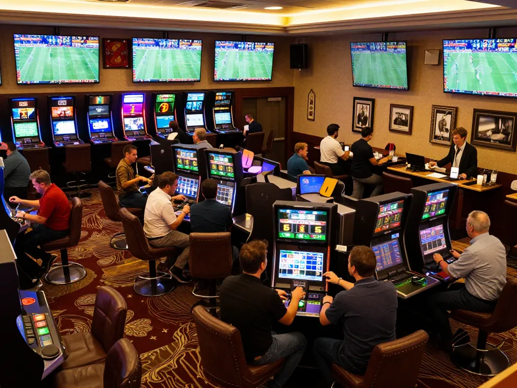 Pemerhati taruhan olahraga yang terlibat menganalisis odds dan memasang taruhan pada Judi Bola di kasino yang ramai.