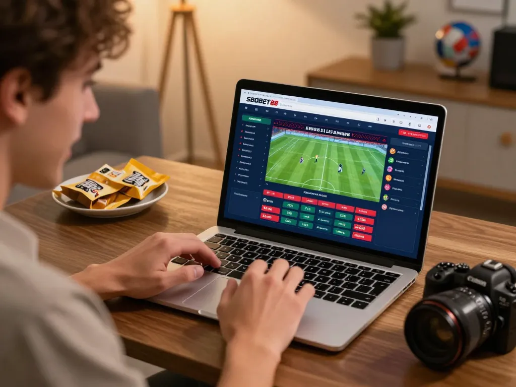 Pengaturan taruhan olahraga online SBOBET88 dengan tampilan odds langsung di laptop, menangkap kegembiraan dan strategi.