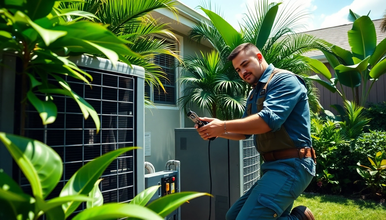 Air Conditioning Repair Tampa technician expertly servicing a home AC unit in a vibrant Tampa yard.