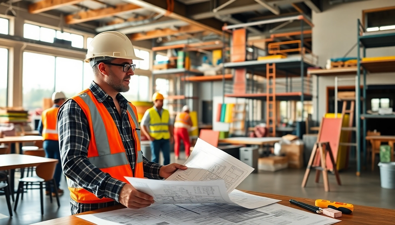 Restaurant buildout contractor Austin managing a vibrant construction site with blueprints and builders.