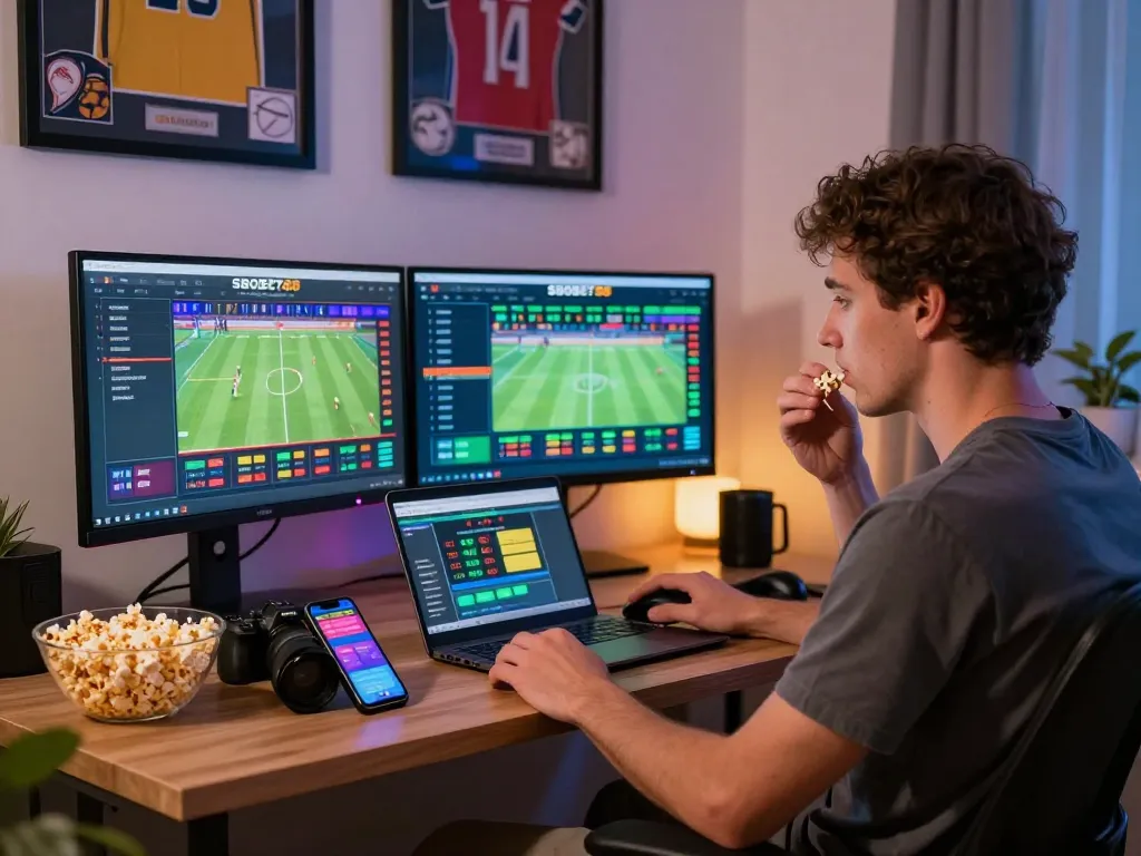 SBOBET88 online betting scene with young man focused on live sports odds in stylish home office.
