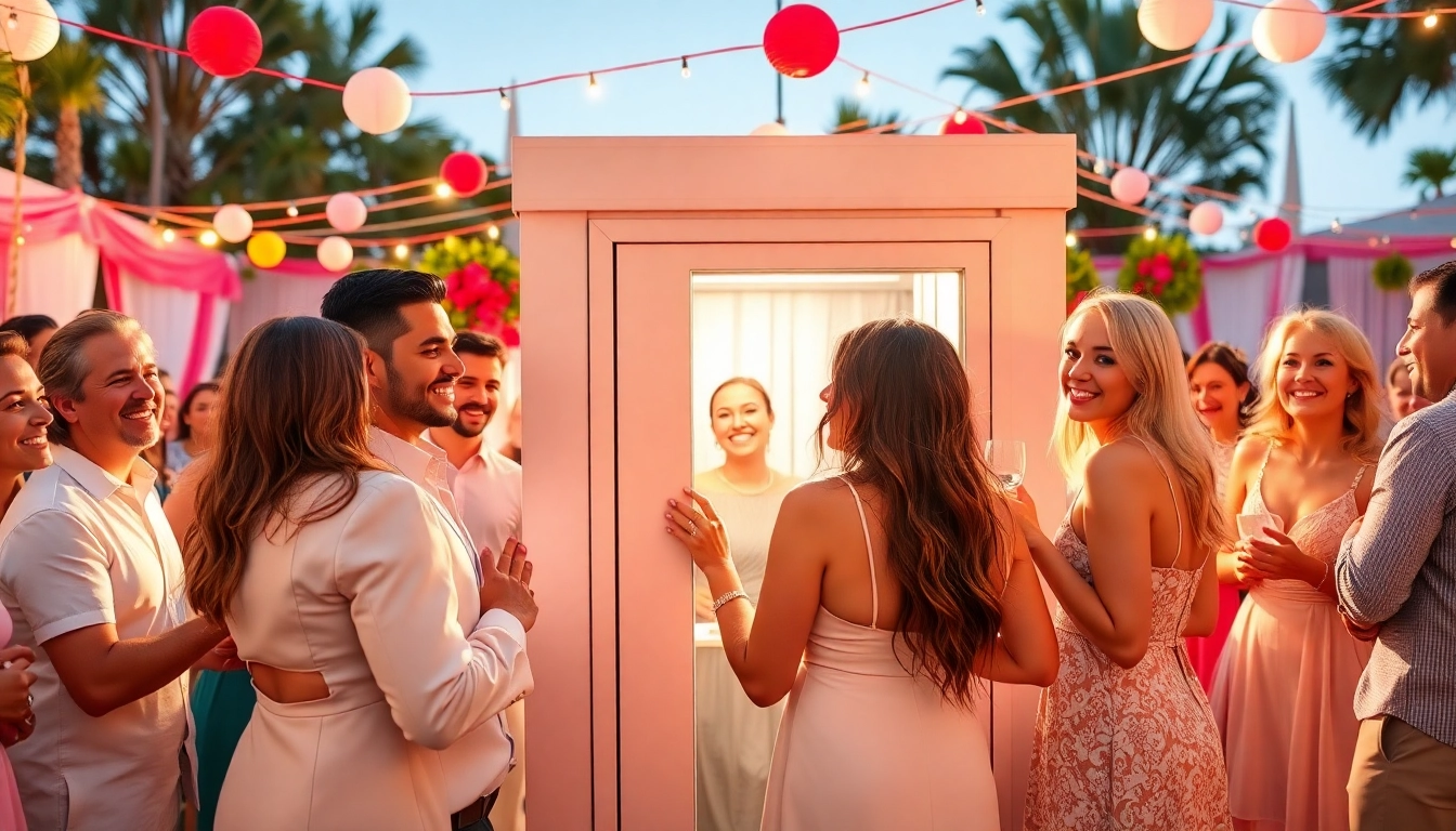 Engaged guests enjoying a photo booth rental experience at a lively event.