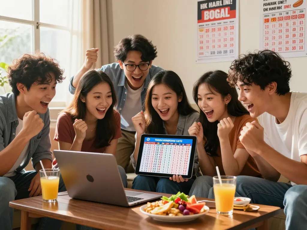 Teman-teman dengan antusias meninjau hasil Togel HK Hari Ini di laptop, menampilkan suasana yang hidup dan strategi.