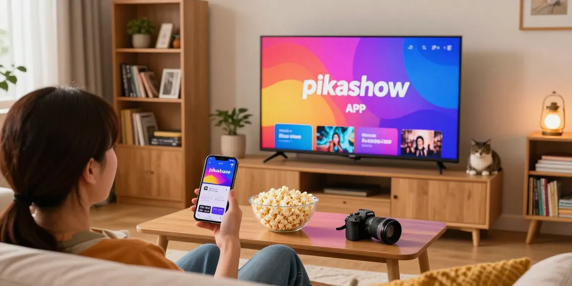 Pikashow APK streaming on smart TV in cozy living room setting, showcasing vibrant indoor entertainment.