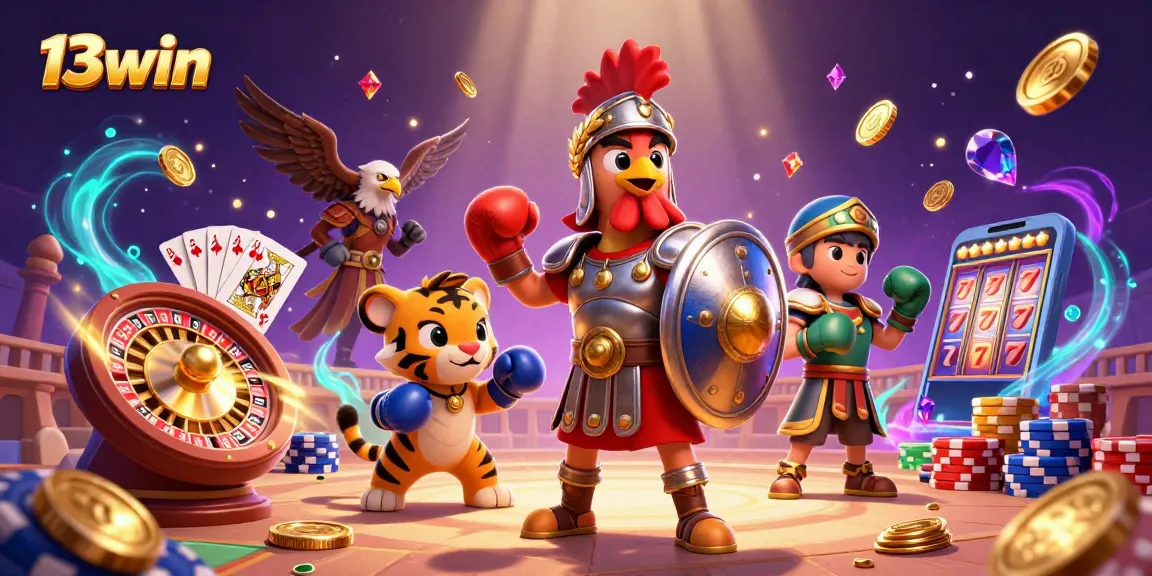Engage in thrilling games at 13win with a vibrant casino scene featuring a gladiator rooster.