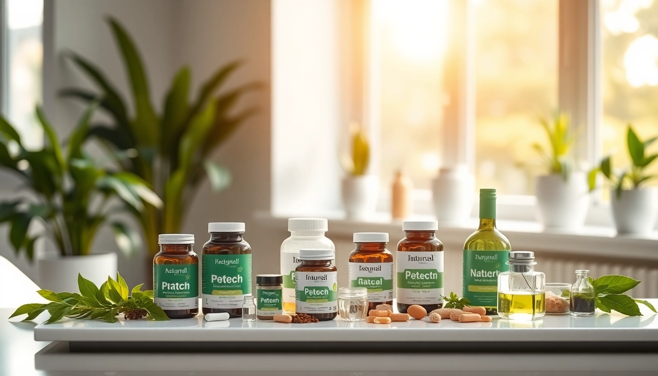 Showcase vibrant health products from https://amc-essentials.com/ on a sleek table in a bright setting.