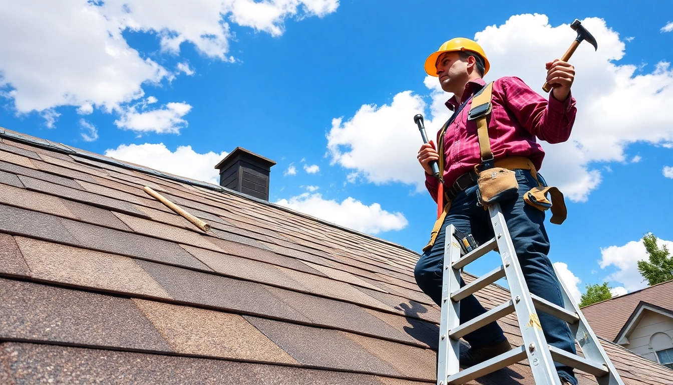Professional roofing contractor inspecting a roof with tools and safety gear.