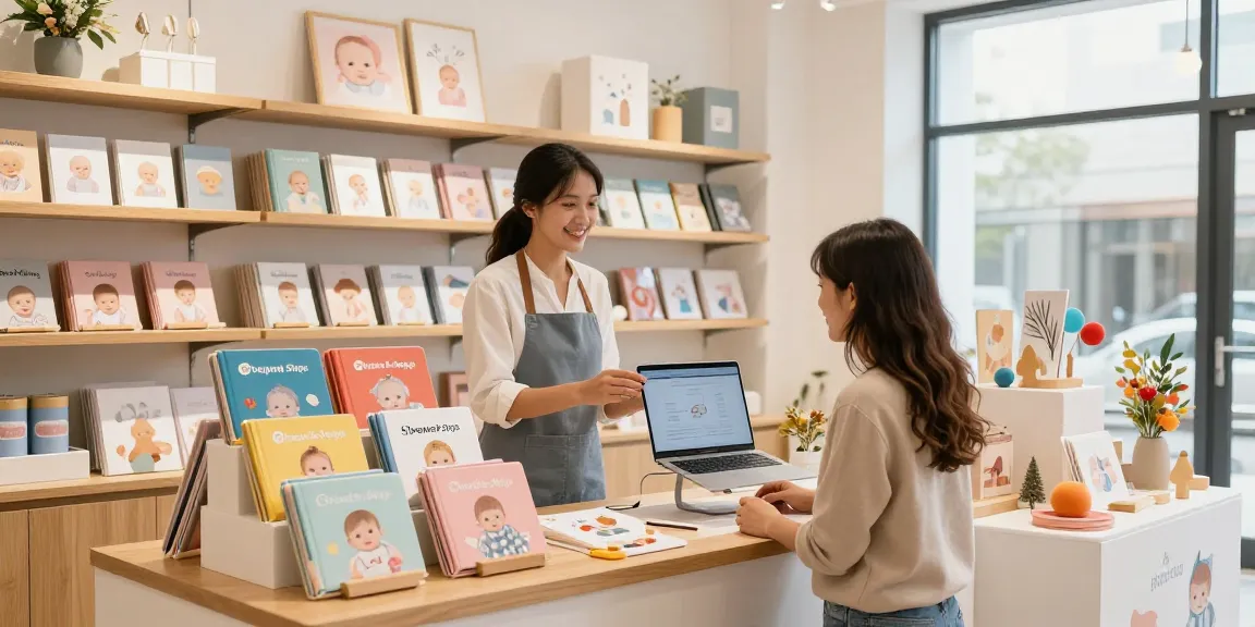 Shopware Shops vibrant retail scene featuring baby albums and gift ideas