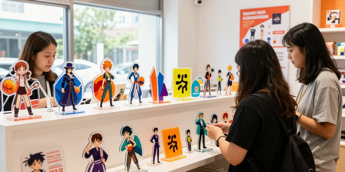 Custom acrylic stand on display in a bright retail store showcasing colorful designs and unique shapes.