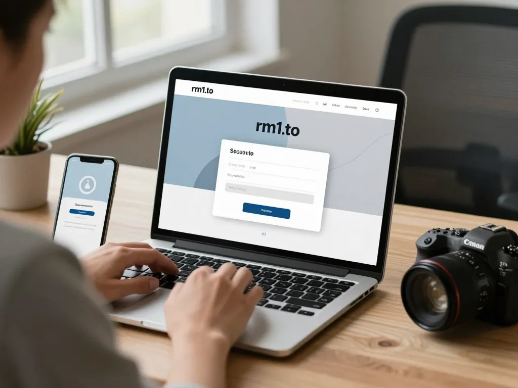 User entering rm1.to login page on a laptop for secure access to RussianMarket account.
