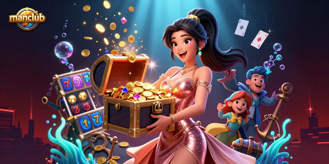 Engage in thrilling slots with Manclub as a joyful Asian woman presents a treasure chest of winnings.
