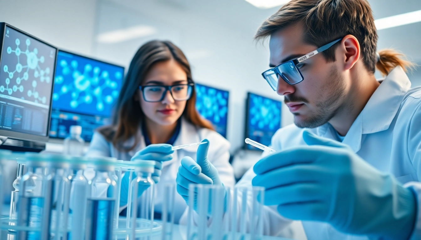 Research scientists analyzing peptides at https://hydroresearchpeptides.com/, showcasing a professional laboratory.