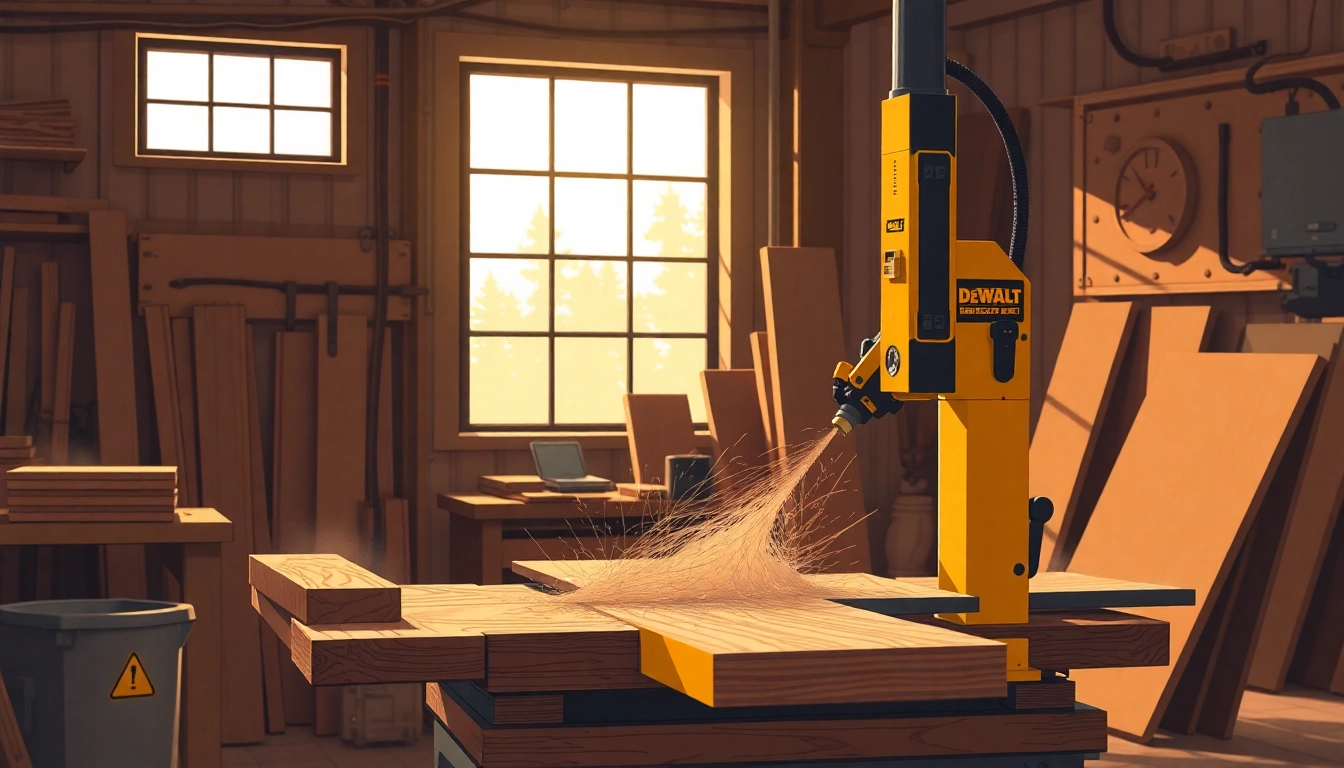 A craftsman utilizing a dewalt bandsaw to achieve clean cuts on hardwood planks.