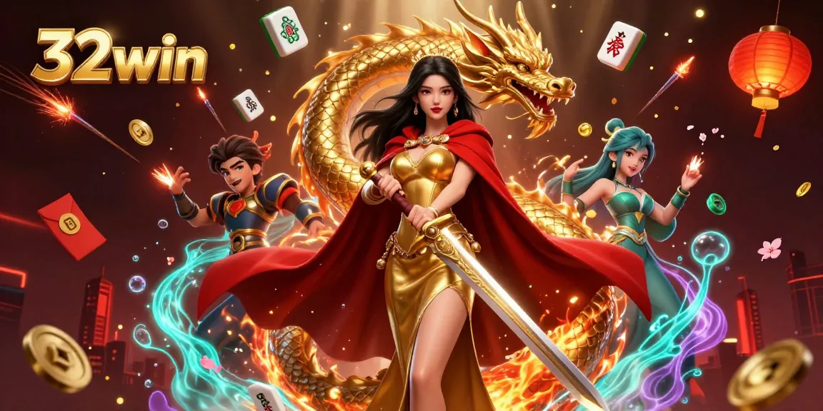 32win energizes the online gaming scene with a warrior queen and a golden dragon amidst dynamic casino elements.