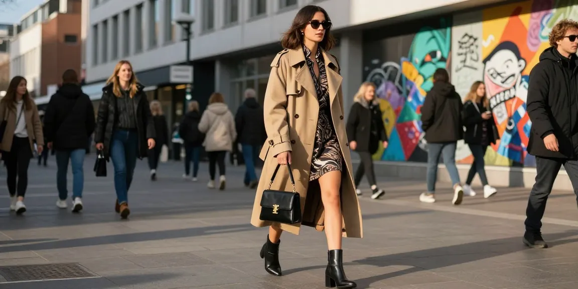 Fashion-forward woman in stylish outfit showcasing the latest trends in women's fashion on a vibrant city street.