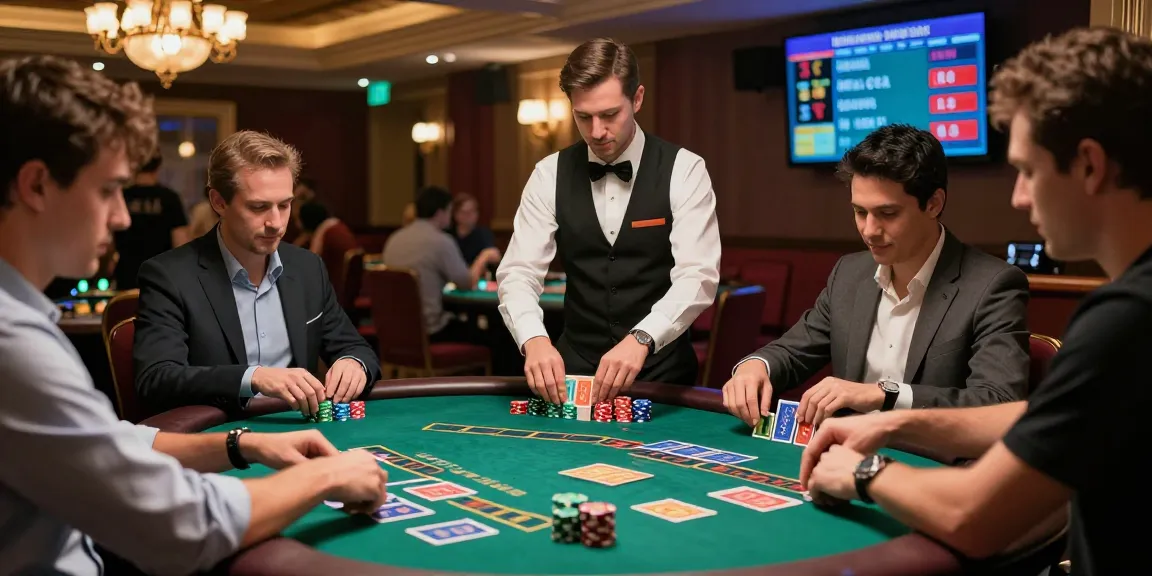 Engaging Baccarat game scene, featuring players analyzing cards and placing bets, highlighting the excitement of the บาคา experience in a vibrant casino setting.