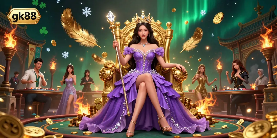 Experience thrilling gameplay with gk88 as a regal princess embodies casino grandeur among golden tokens.