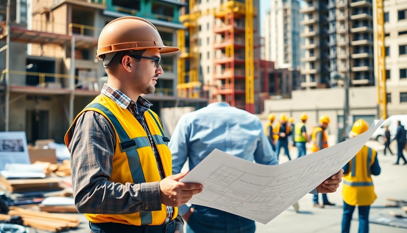 Manhattan Commercial General Contractor consulting on blueprints at a busy construction site.