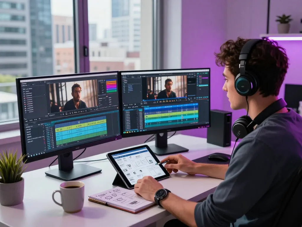 NSFW content creator editing video in modern office, dynamic and focused atmosphere.
