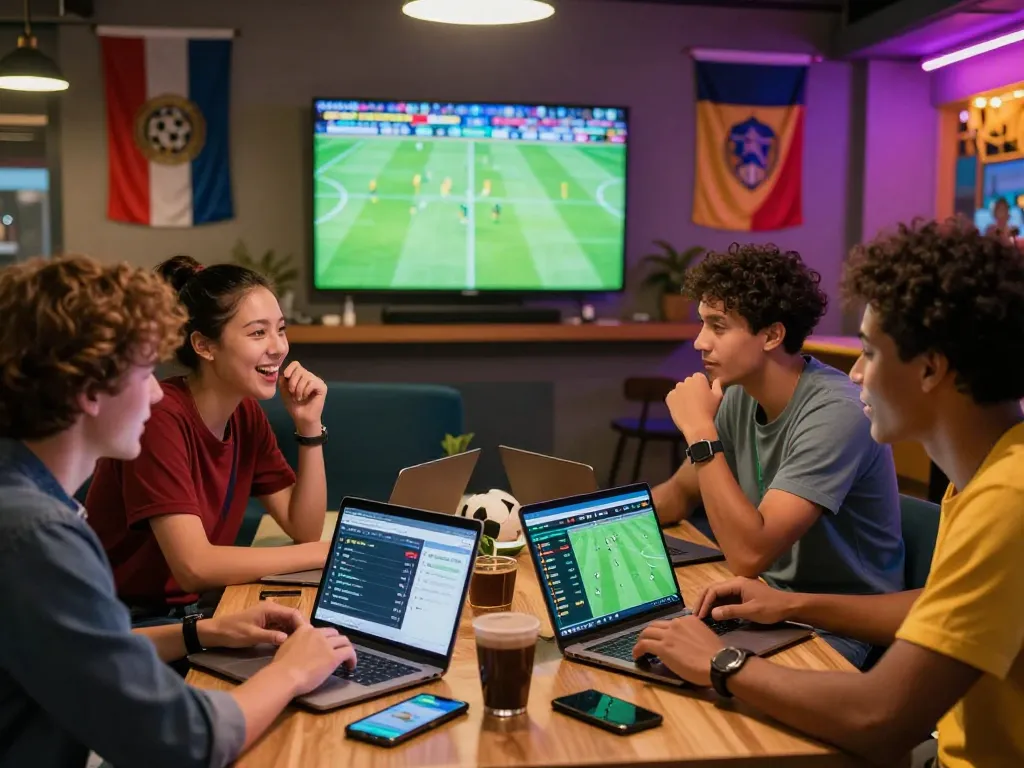 Excited friends placing soccer bets at OKFUN in a lively sports lounge.