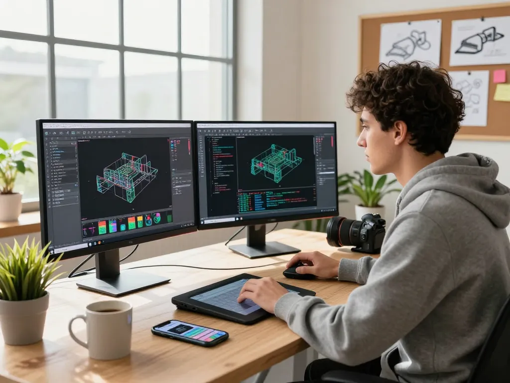 A designer using text to cad software in a bright workspace with multiple screens and creative elements.