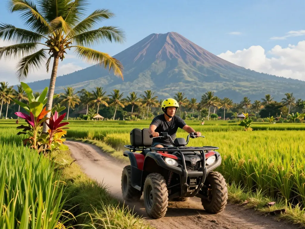 Bali tour adventure on an ATV, riding through lush rice fields with a volcano backdrop and tropical landscape.