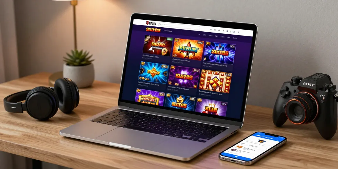 Engaging digital gaming setup with JURAGANBOLA app and Slot88 games displayed on a laptop.
