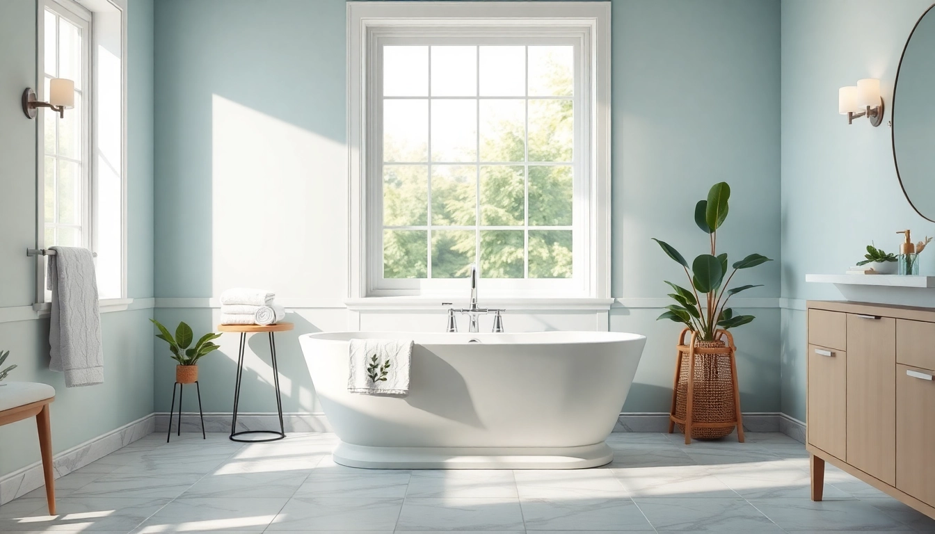 Bath reconstruction with a modern freestanding tub and tranquil design features.