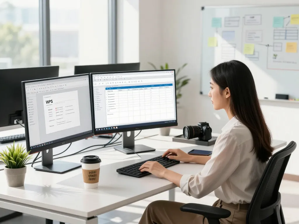 Professional woman using WPS Office software in a modern workspace