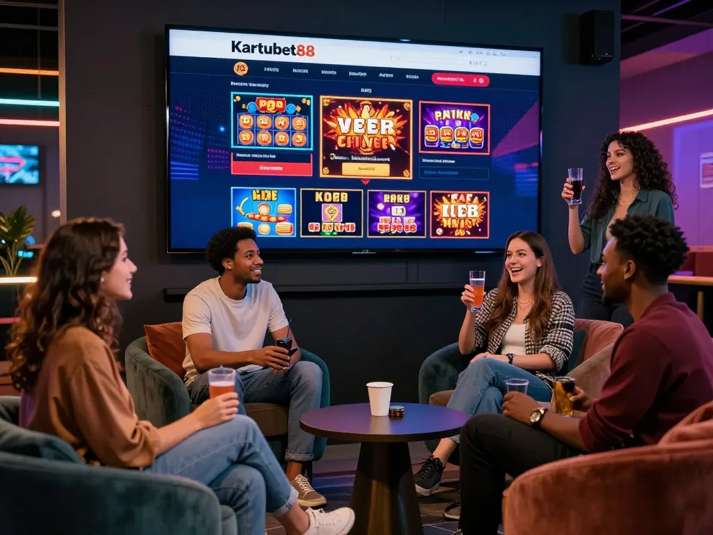 Kartubet88 online gambling platform featuring a diverse group enjoying casino games together in a stylish lounge.