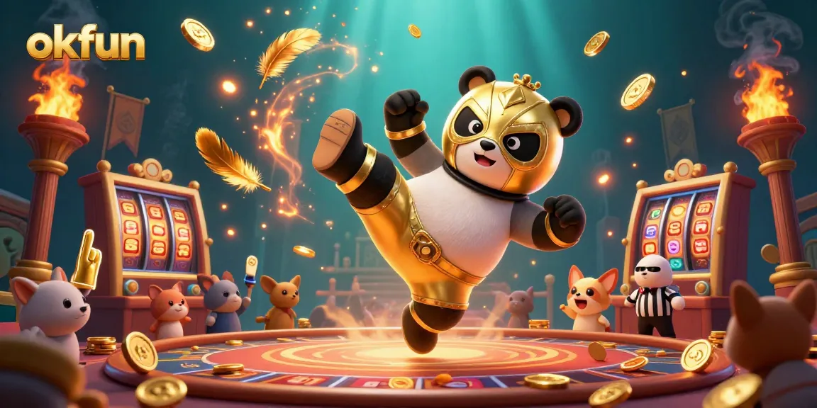 Experience thrilling wins at okfun casino, featuring a dynamic golden lucha libre wrestling scene with playful characters.
