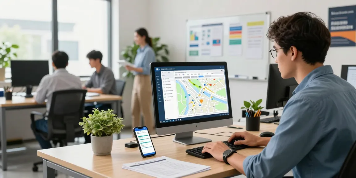 Technician dispatch software interface displayed on desktop, enhancing team productivity in a modern office.