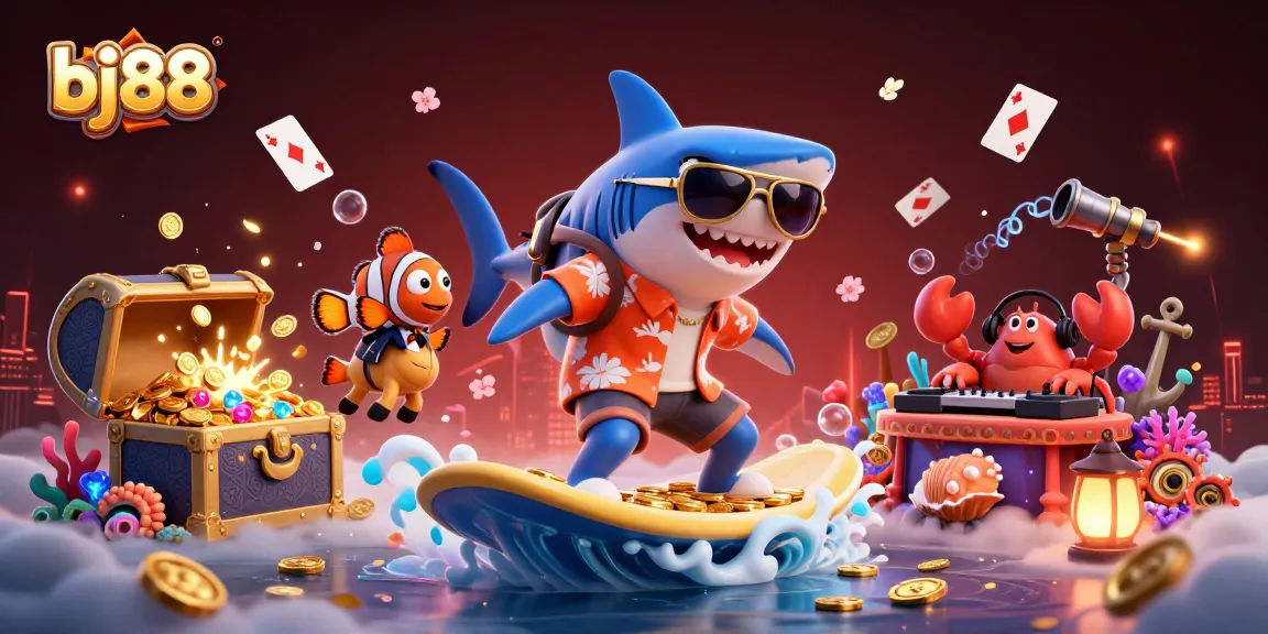 Surf the wave of gold coins at bj88 with vibrant characters and dynamic casino vibes, inviting players to win big.