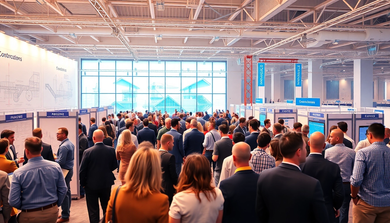 Engaged attendees networking at construction networking events in a modern conference setting.