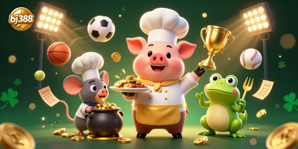Experience vibrant fun with bj388's cartoon chef pig amidst gold coins and sports-themed betting elements.