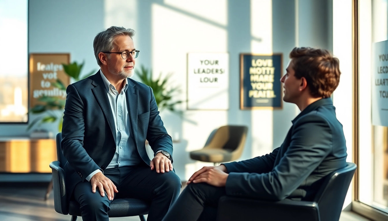 Engaging leadership coach mentoring a client in a professional office setting.
