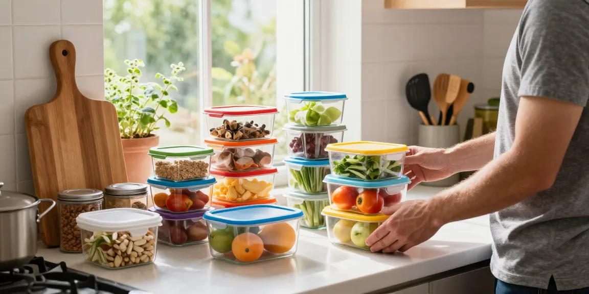 Food storage containers neatly arranged on a counter with fresh ingredients, showcasing organized kitchen.
