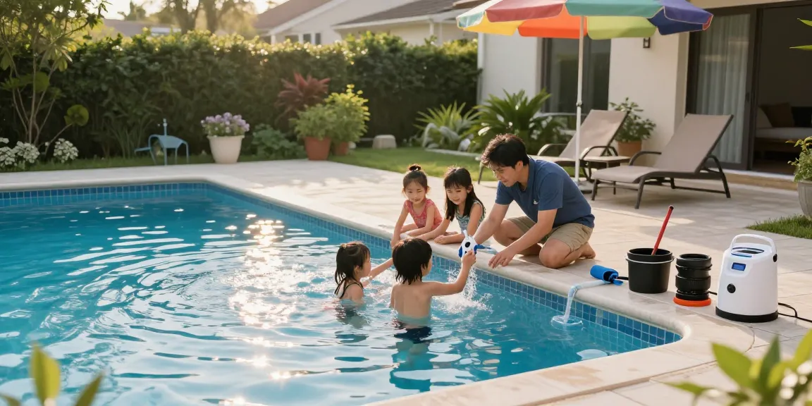 Dolphin Pool Services inspecting water quality in a family's inviting backyard pool.