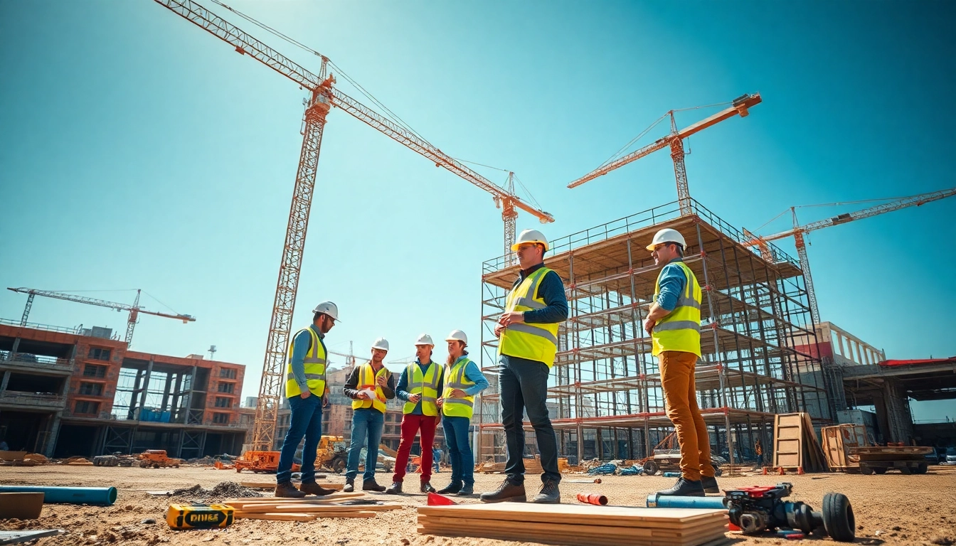 Construction career professionals actively engaging on-site amidst building materials and cranes.